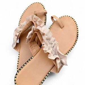 Tan Ruffle Toe Loop Flat Sandals Gold Studded Trim Bee Sole Size 40